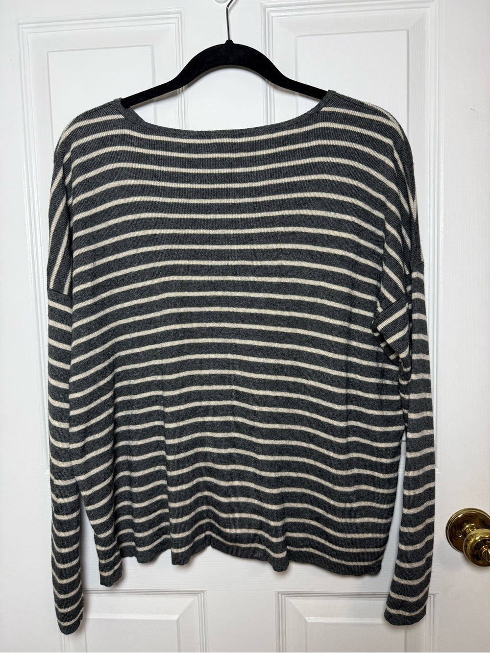 Eileen Fisher Striped Round Neck Box Top Tencel Merino Wool Gray Cream L - Picture 2 of 7